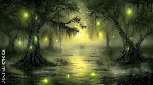 A mystical swamp with glowing orbs hanging from the trees and floating on the water. photo