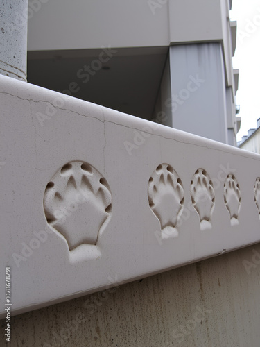 The animal left traces of its forepaws on dry cement. Each track has 4 fingers and 4 claws. An unusual imprint on concrete structures in the city center photo