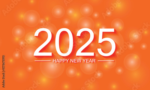 happy new year 2025 text design with orange background.