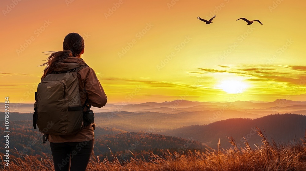 A traveler enjoys a stunning sunset view over mountains, embodying adventure and serenity in nature's beauty. A traveler enjoys a stunning sunset view over mountains, embodying adventure and serenity in nature's beauty.