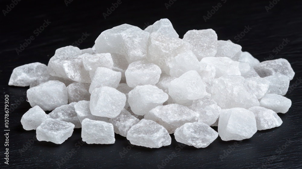 A pile of coarse white salt crystals on a black background. A pile of coarse white salt crystals on a black background.