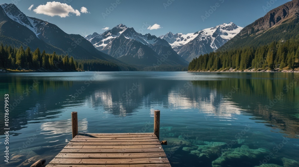 Wooden dock leading to a tranquil mountain lake with clear blue water and a reflection of the snow-capped peaks. Wooden dock leading to a tranquil mountain lake with clear blue water and a reflection of the snow-capped peaks.
