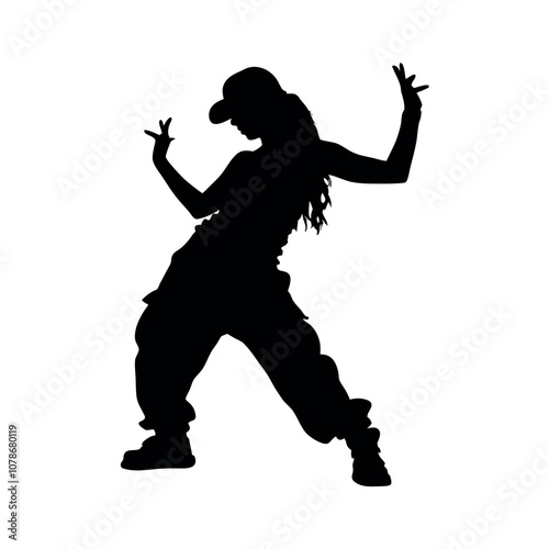 A woman is dancing in a black and white picture. She is wearing a hat and has her hands on her hips