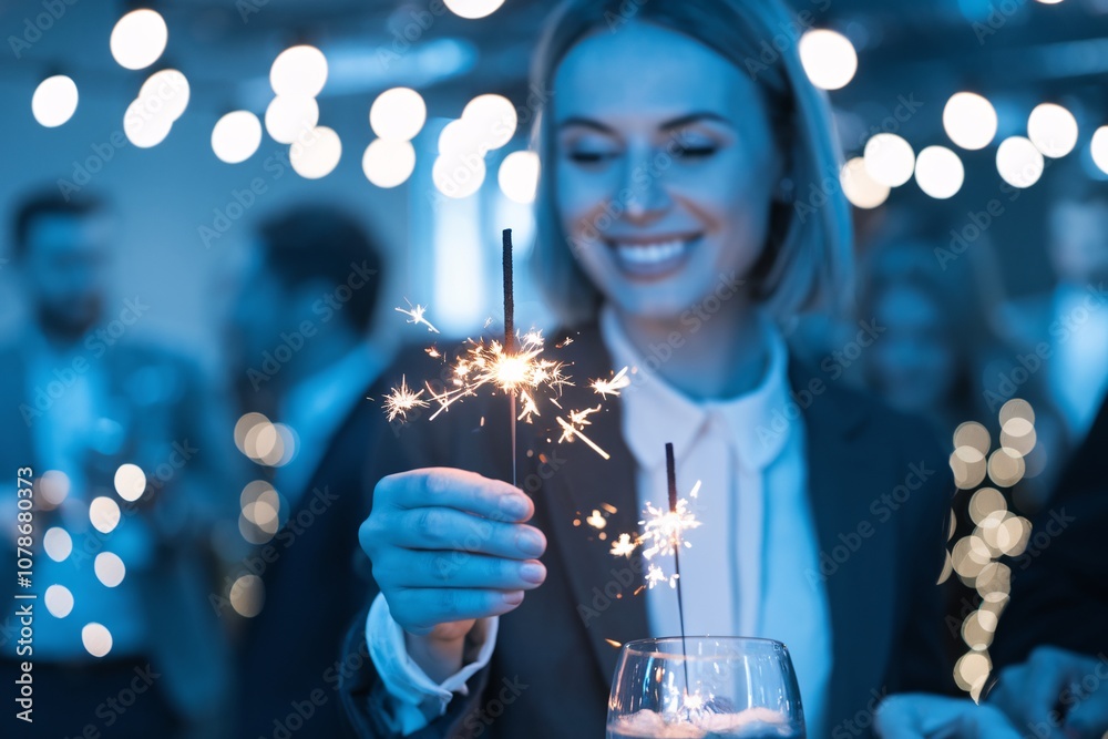 Joyful Woman Holding Sparkler at Corporate Party. Celebrating success, smiling employee, office party, festive atmosphere, sparkler in hand, joyful moment, corporate celebration, team spirit.