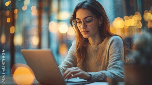Woman working on a laptop in a cafe