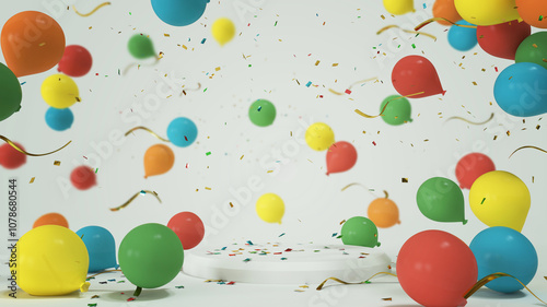 Colorful balloons party festive podium for product presentation platform background, 3d render