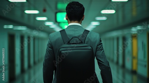 Backside view a man wearing a suit and carrying a backpack walks down a hallway. The hallway is dimly lit, and the man is in a hurry