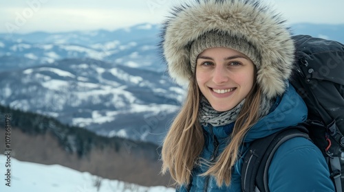 A young woman with a big smile and a warm hat and jacket stands in a snowy landscape, looking out at the mountains behind her.