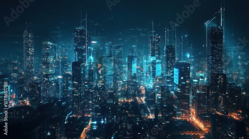 Wallpaper Mural A futuristic cityscape with glowing blue lines representing digital connections and data flow. Torontodigital.ca