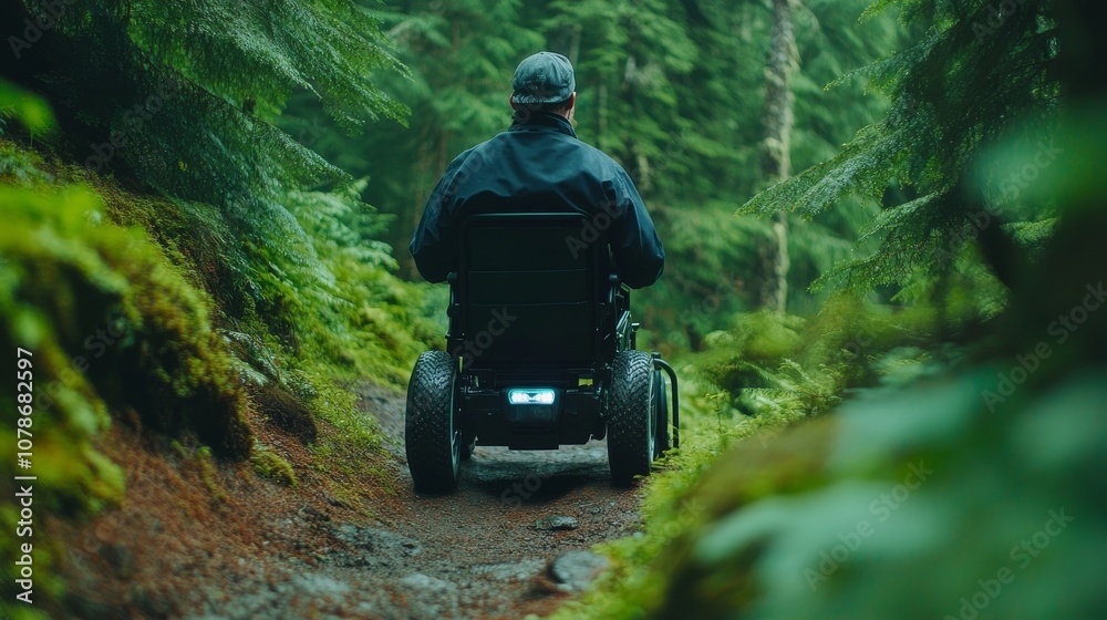 Man in wheelchair using AI-powered mobility device on forest trail, ideal for tech innovation and accessibility awareness campaigns Man in wheelchair using AI-powered mobility device on forest trail, ideal for tech innovation and accessibility awareness campaigns