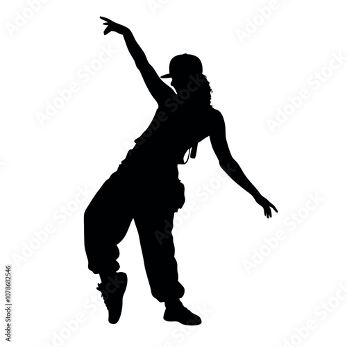 A woman is dancing in a black and white picture. She is wearing a hat and has her hands on her hips