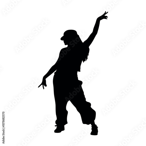 A woman is dancing in a black and white picture. She is wearing a hat and has her hands on her hips