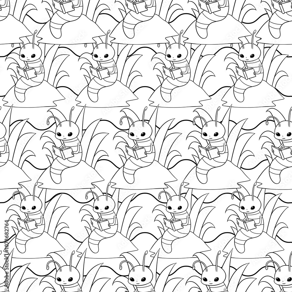Fototapeta premium Cute Little Bookworm Inspired Repeat Pattern Design as Coloring Page 