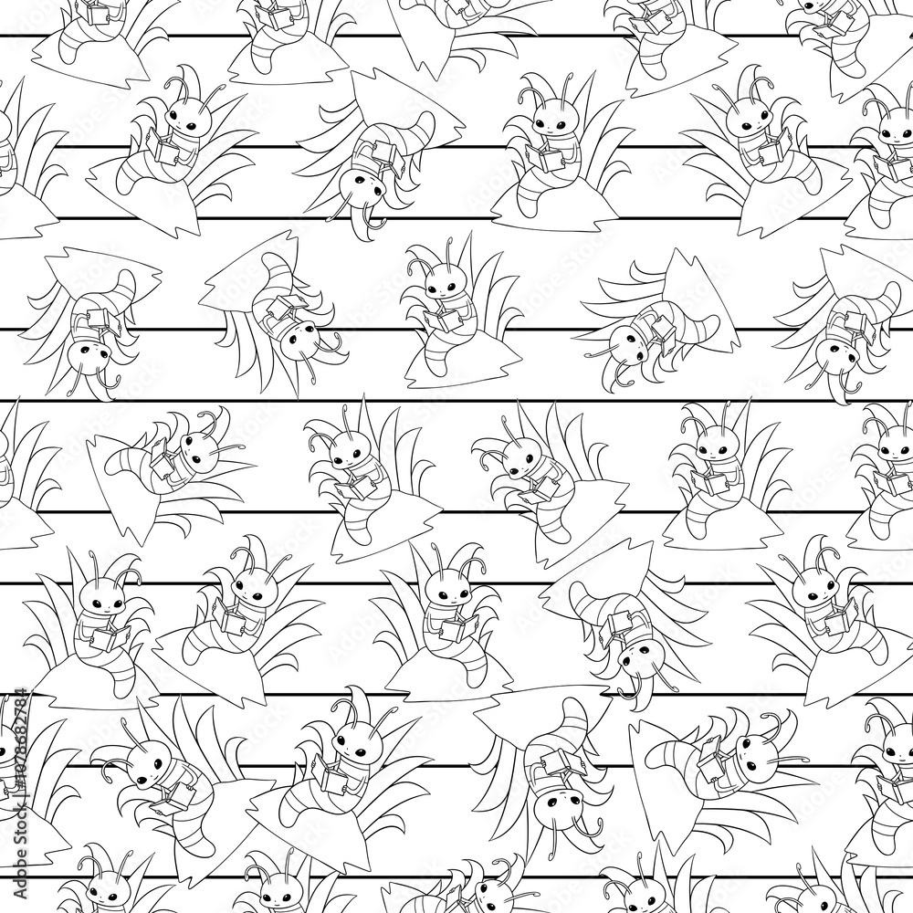 Cute Little Bookworm Inspired Repeat Pattern Design as Coloring Page
