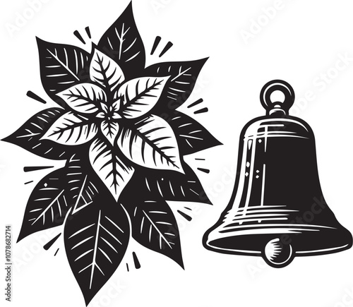 Festive Poinsettia and Bell Ring in the Holiday Cheer. This black and white vector illustration features a stylized poinsettia flower positioned above a ringing bell.