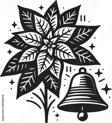 Festive Poinsettia and Bell Ring in the Holiday Cheer. This black and white vector illustration features a stylized poinsettia flower positioned above a ringing bell.