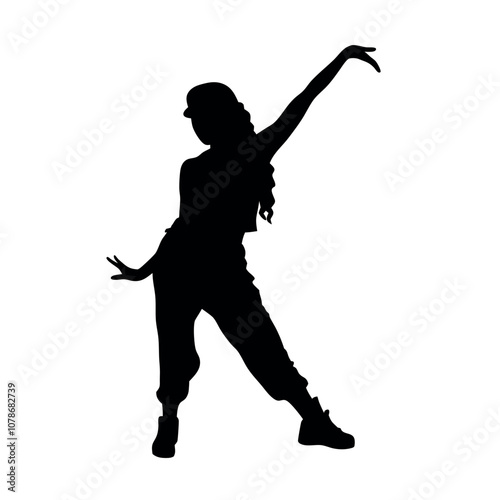 A woman is dancing in a black and white picture. She is wearing a hat and has her hands on her hips