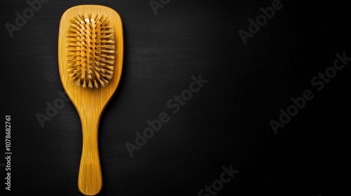 Stylish wooden hairbrush on a black background, perfect for beauty and grooming topics. A minimalist aesthetic for modern lifestyles. photo