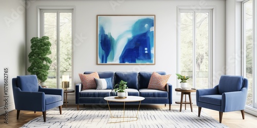 A blue living room with a blue couch, two blue chairs, and a blue coffee table