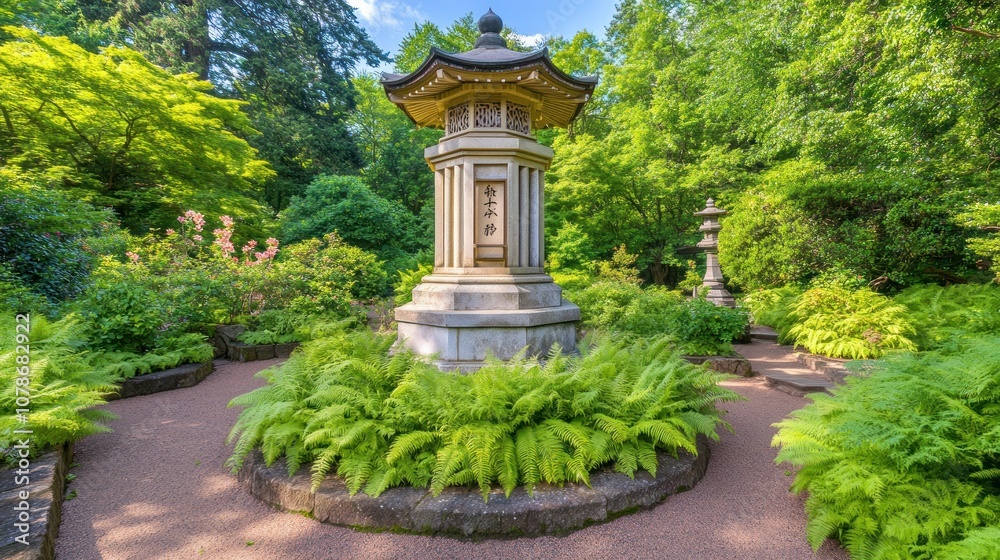 A serene garden scene featuring an ornate lantern surrounded by lush greenery and ferns. A serene garden scene featuring an ornate lantern surrounded by lush greenery and ferns.