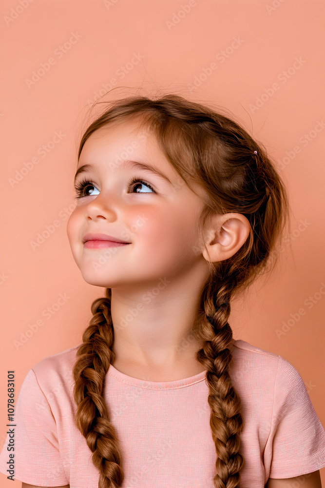 A young girl with braided hair smiles while looking up against a soft peach backdrop in a studio setting, capturing a moment of joy and innocence