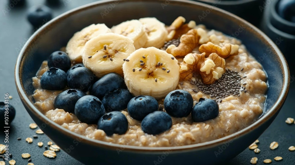 A bowl of oatmeal topped with blueberries, banana slices, walnuts and chia seeds. A bowl of oatmeal topped with blueberries, banana slices, walnuts and chia seeds.
