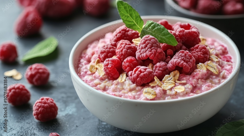 A bowl of oatmeal topped with fresh raspberries and a sprig of mint. A bowl of oatmeal topped with fresh raspberries and a sprig of mint.