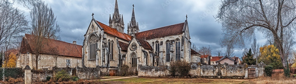 Fototapeta premium A historic building with gothic architecture set against a cloudy sky.