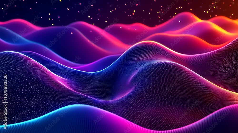 Obraz premium Fluid glowing particle pattern forming digital textures with neon edges.