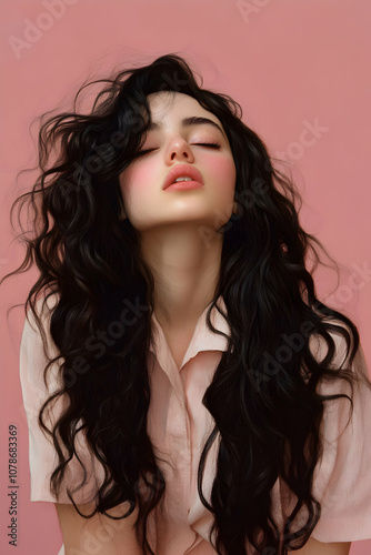 Young woman with long curly hair poses against a pink background, exuding confidence and serenity in a casual outfit during what appears to be a studio photoshoot