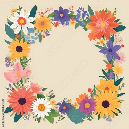 Circular Floral Wreath with a Variety of Vibrant Blooms