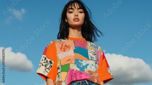Woman in colorful recycled patchwork shirt with sky background for sustainable fashion