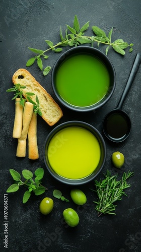 Top view of green and yellow olive oils in black bowls with herbs and bread on dark background photo