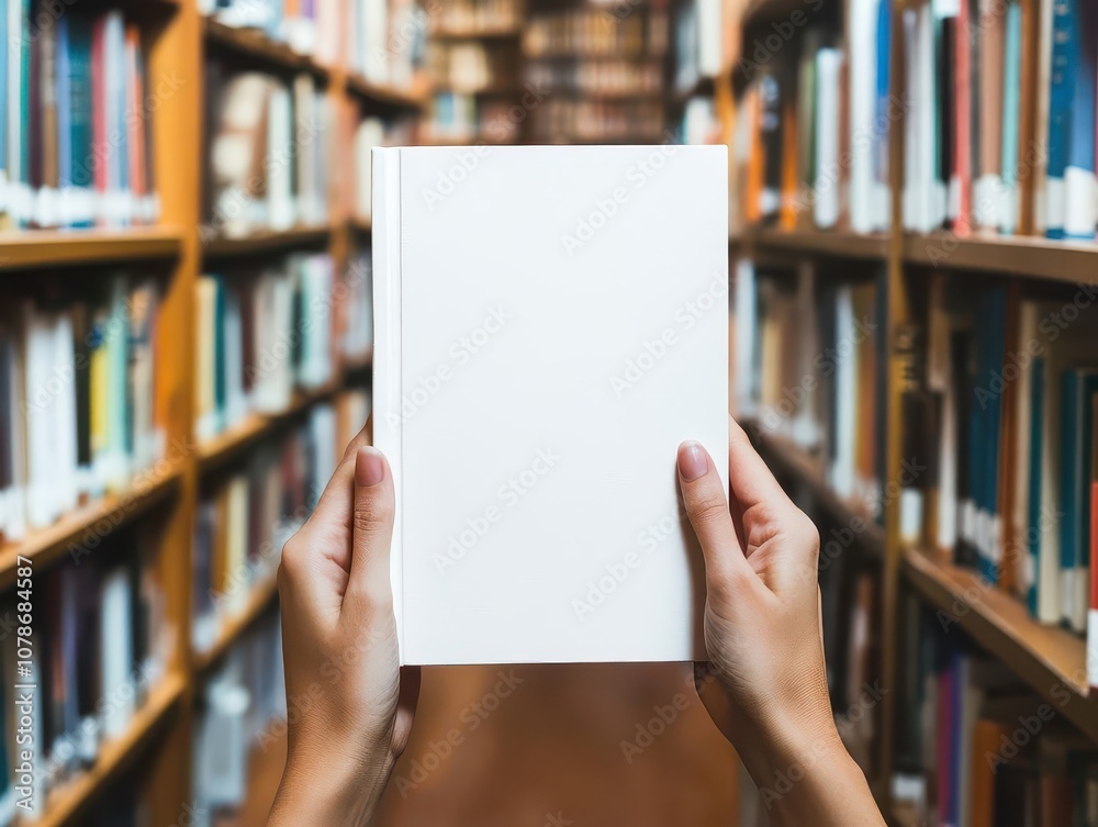 hands holding a book with a blank white cover in a library setting, emphasizing a mockup for book cover design, surrounded by rows of books that inspire creativity and imagination hands holding a book with a blank white cover in a library setting, emphasizing a mockup for book cover design, surrounded by rows of books that inspire creativity and imagination