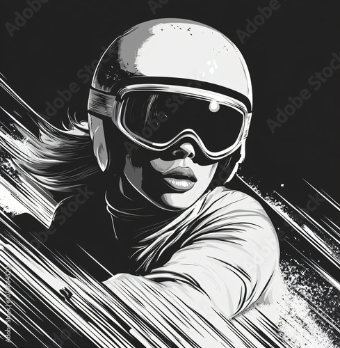 Woman skiing workout in retro USSR style on snowy slopes with high speed and focus