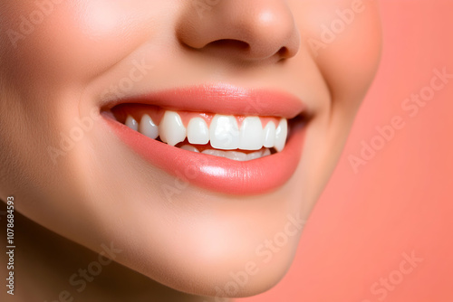 A close-up of a smiling person showcasing bright, healthy teeth against a soft pink background during daylight photo