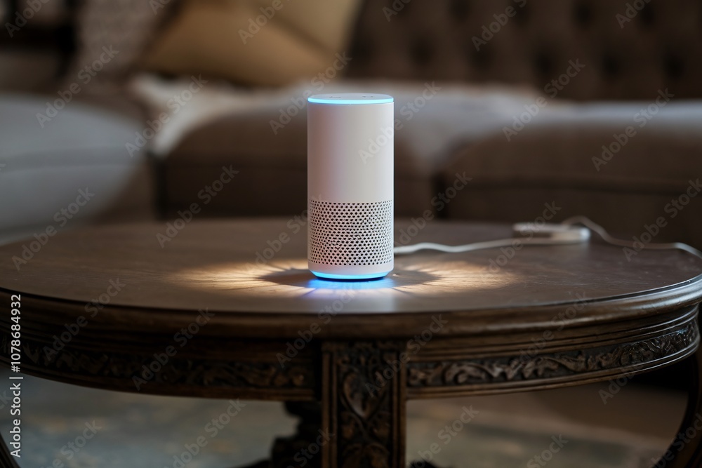 Obraz premium Smart Speaker on a Vintage Coffee Table: A Blend of Modern and Classic. 