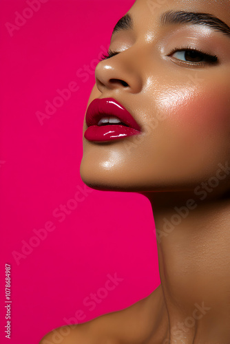 A close-up of a woman showcasing vibrant red lips against a bold pink backdrop, highlighting the glossy finish of her lip makeup and flawless skin in an artistic display of beauty