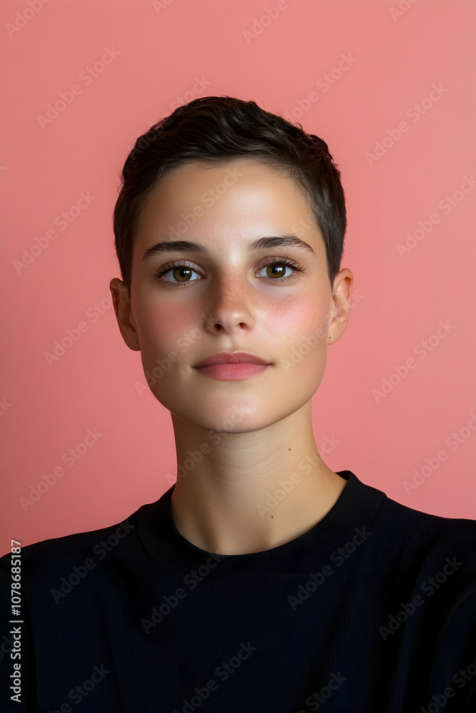 A young person with short hair stands against a soft pink background, showcasing a calm expression while wearing a dark shirt during a bright indoor setting A young person with short hair stands against a soft pink background, showcasing a calm expression while wearing a dark shirt during a bright indoor setting