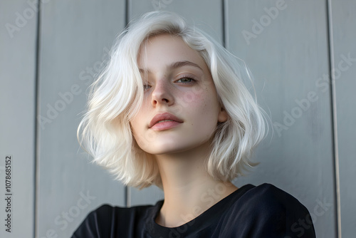 A young woman with short, wavy platinum blonde hair poses confidently in front of a wooden wall, capturing a natural and relaxed essence during a sunny afternoon photo