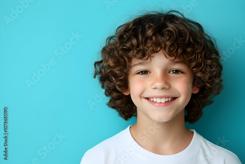 A cheerful boy with curly hair smiles brightly against a vibrant blue background, showcasing youth and happiness during a sunny afternoon