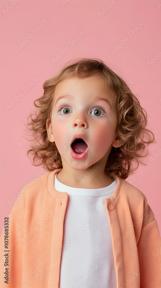 A young child with curly hair expresses surprise against a soft pink background, showcasing a moment of pure astonishment and joy A young child with curly hair expresses surprise against a soft pink background, showcasing a moment of pure astonishment and joy