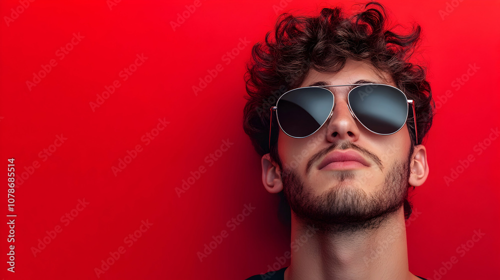 A young man with curly hair and sunglasses poses confidently against a bright red background during a sunny day in an urban setting A young man with curly hair and sunglasses poses confidently against a bright red background during a sunny day in an urban setting