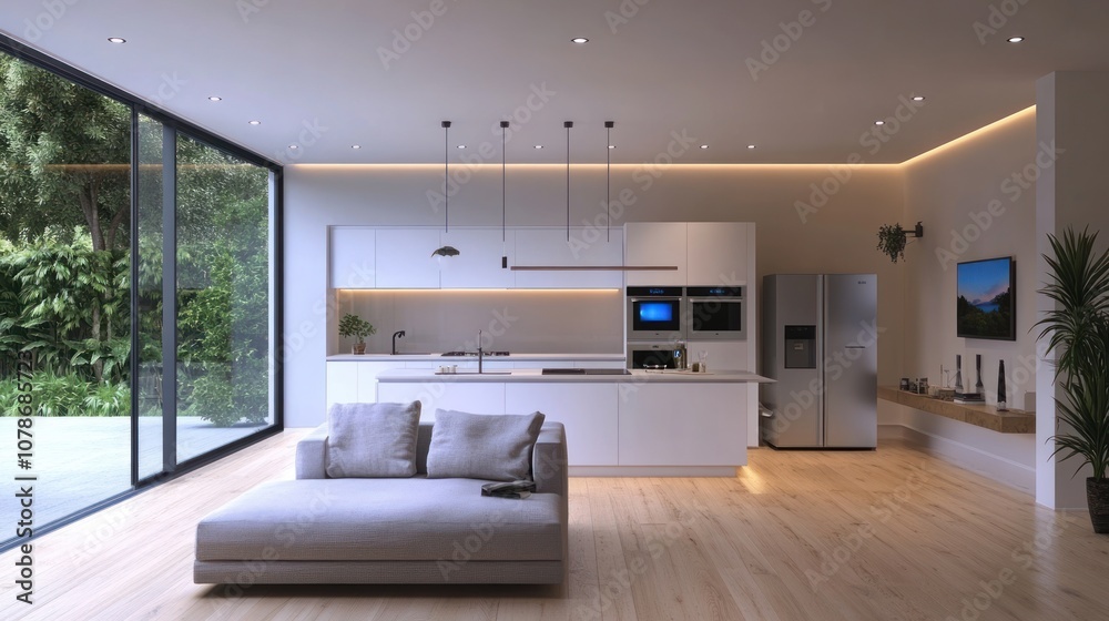 Fototapeta premium Modern Open Plan Kitchen Living Room with Large Windows