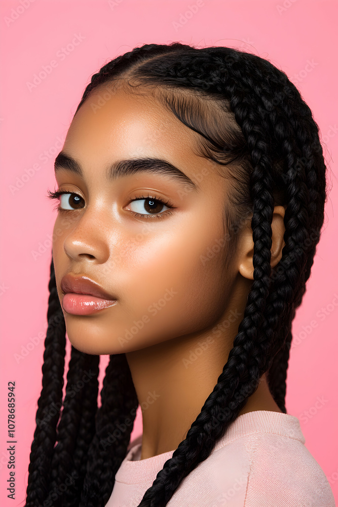 Young girl with braided hair poses against a pink background, showcasing a confident expression while highlighting her facial features and unique hairstyle Young girl with braided hair poses against a pink background, showcasing a confident expression while highlighting her facial features and unique hairstyle