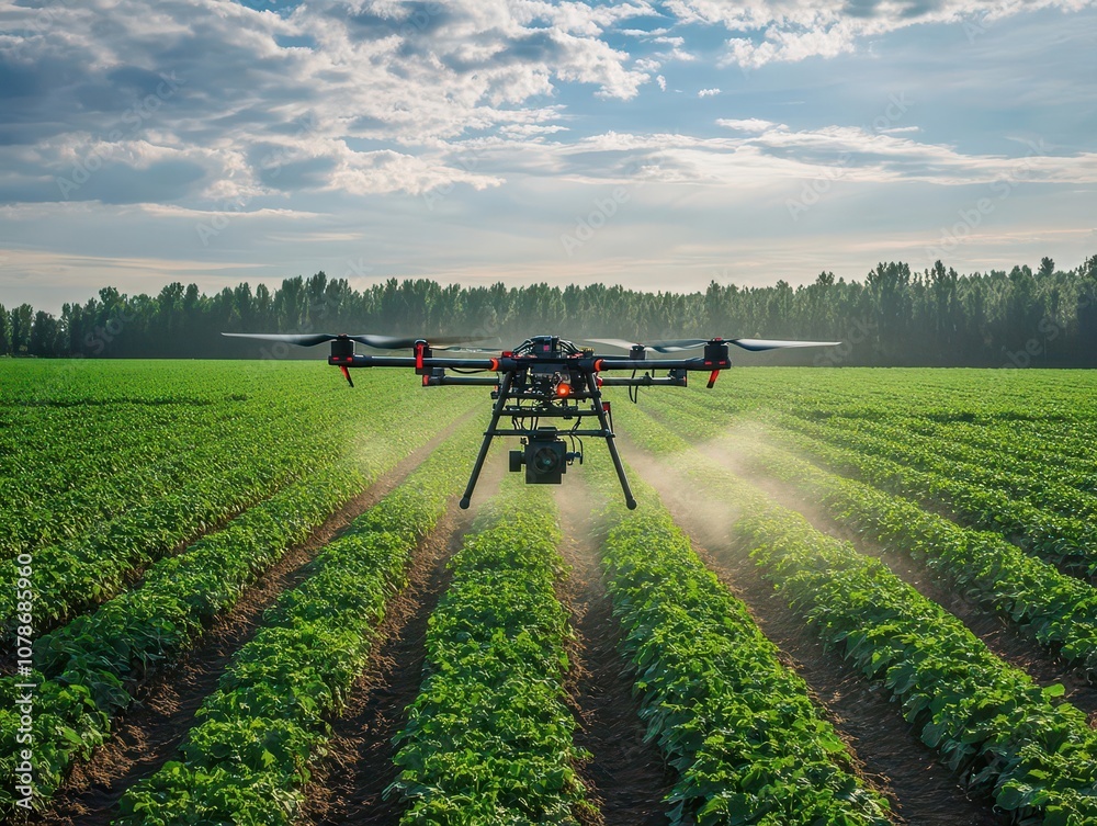 high-tech drone soaring above a verdant field, spraying beneficial pesticides while capturing the essence of modern agriculture and innovation in farming practices high-tech drone soaring above a verdant field, spraying beneficial pesticides while capturing the essence of modern agriculture and innovation in farming practices