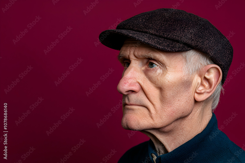 A close-up profile of an elderly man wearing a dark cap against a vibrant pink background, showcasing deep facial features and a contemplative expression A close-up profile of an elderly man wearing a dark cap against a vibrant pink background, showcasing deep facial features and a contemplative expression