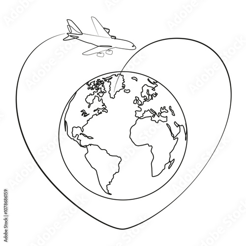 Airplane and globe vector image on white background. Travel by plane around the world. Around the world sketch for tattoo or print. Airplane flight graphic picture. Airplane line drawing.