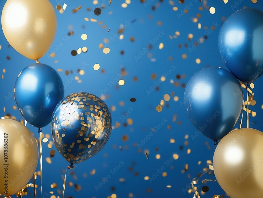 holiday backdrop featuring golden and blue metallic balloons, confetti, and ribbons, capturing the essence of celebration for various joyous occasions holiday backdrop featuring golden and blue metallic balloons, confetti, and ribbons, capturing the essence of celebration for various joyous occasions