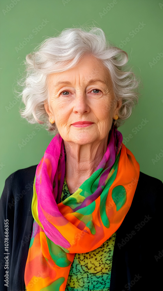 Portrait of a woman with curly gray hair wearing a colorful scarf against a green background, showcasing confidence and style